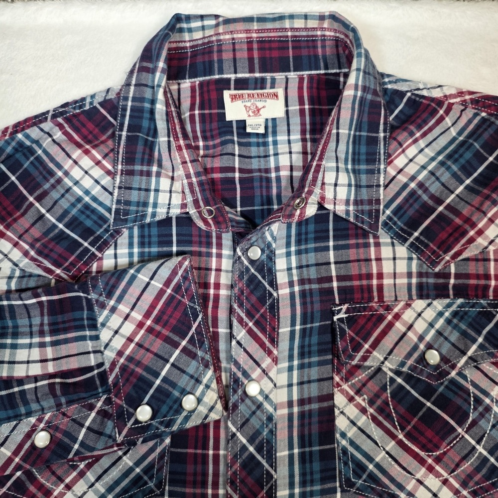 True Religion Western Shirt Mens XXL Red Blue Madras Plaid Pearl Snap Rodeo